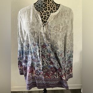 Bonita Top Blouse 46 27L X 24W Bohemian Henley Long Sleeve 3 Tone Tie Neck Boho